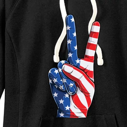 American Flag Peace Sign Hand 4th Of July Women's Fleece Hoodie