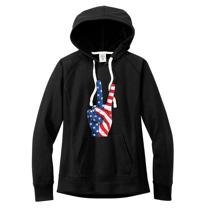 American Flag Peace Sign Hand 4th Of July Women's Fleece Hoodie