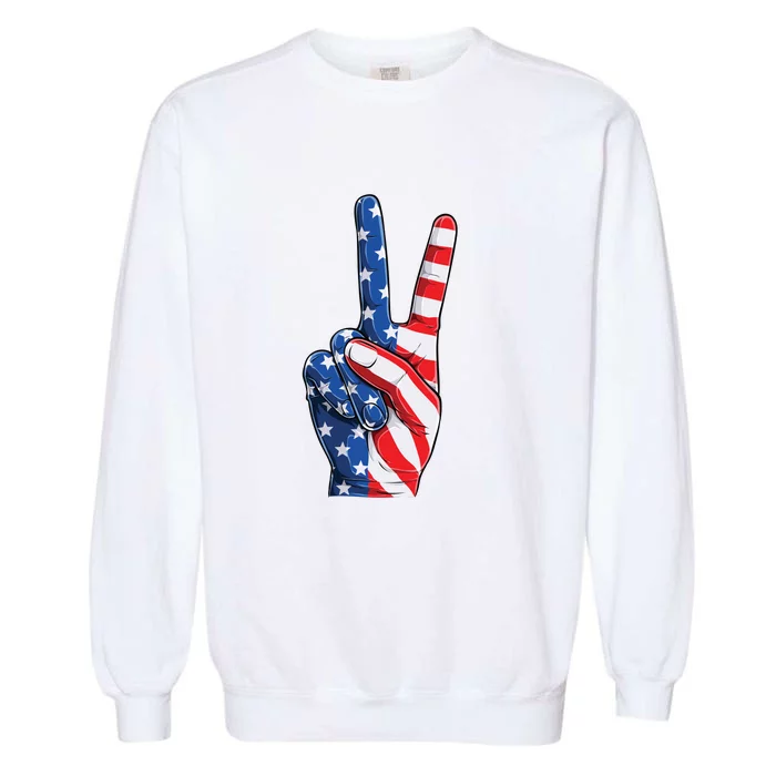 American Flag Peace Sign Hand 4th Of July Garment-Dyed Sweatshirt