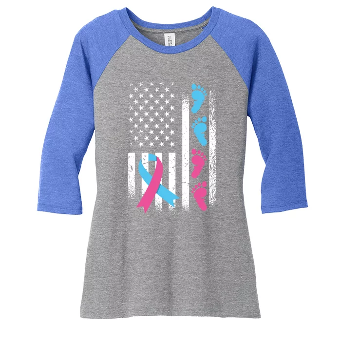 American Flag Pink And Blue Ribbon Pregnancy And Infant Loss Meaningful Gift Women's Tri-Blend 3/4-Sleeve Raglan Shirt