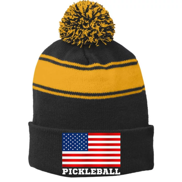 American Flag Pickleball Player USA Pickleball Lover Stripe Pom Pom Beanie