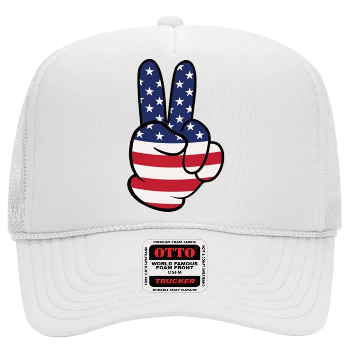 American Flag Peace Sign Hand 4th Of July High Crown Mesh Trucker Hat