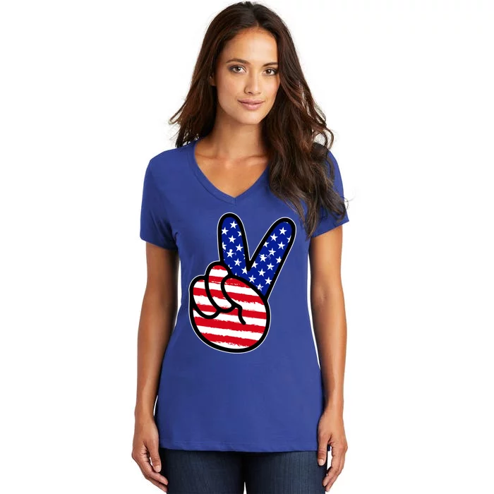 American Flag Peace 4th Of July Mom Dad Mama Papa Son Gift Women's V-Neck T-Shirt