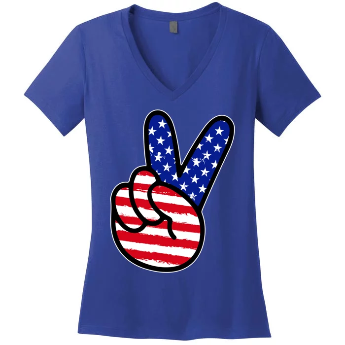 American Flag Peace 4th Of July Mom Dad Mama Papa Son Gift Women's V-Neck T-Shirt