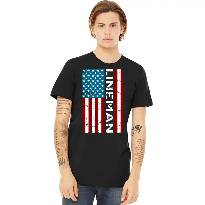 American Flag Patriotic Electric Cable Lineman Premium T-Shirt