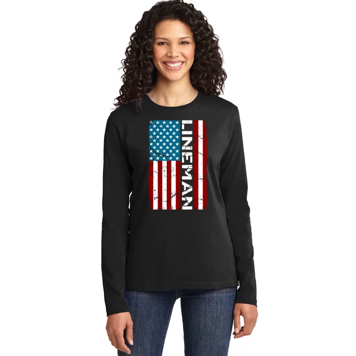 American Flag Patriotic Electric Cable Lineman Ladies Long Sleeve Shirt