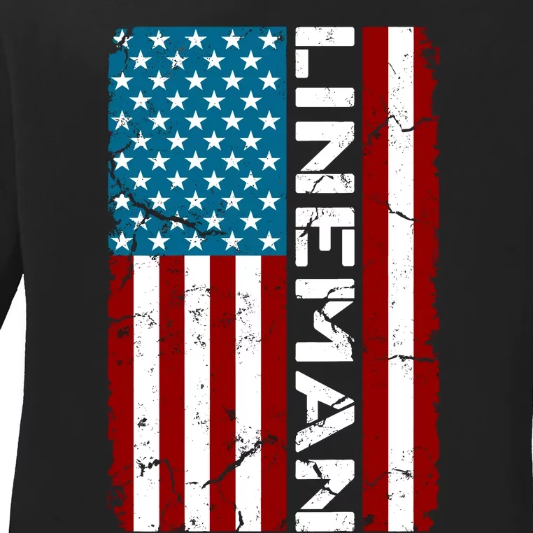 American Flag Patriotic Electric Cable Lineman Ladies Long Sleeve Shirt