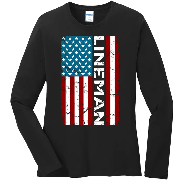 American Flag Patriotic Electric Cable Lineman Ladies Long Sleeve Shirt