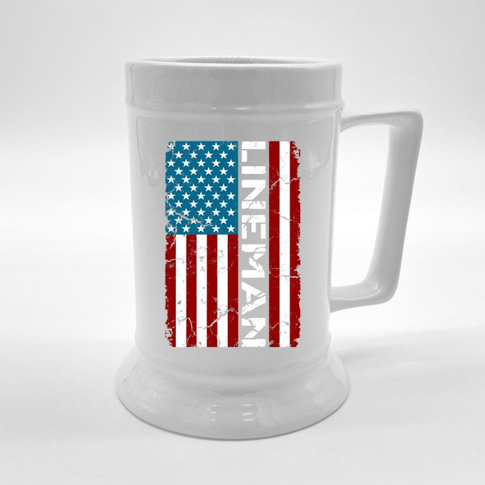 American Flag Patriotic Electric Cable Lineman Front & Back Beer Stein