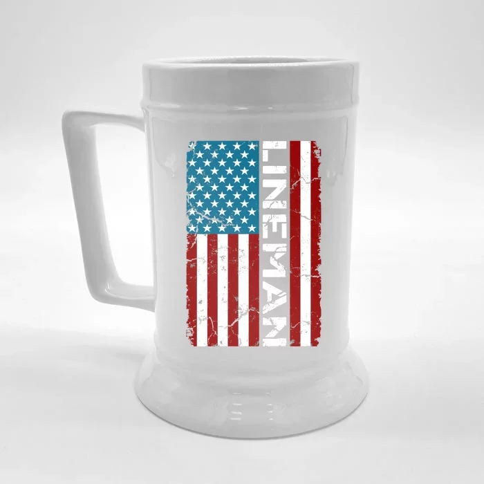 American Flag Patriotic Electric Cable Lineman Front & Back Beer Stein