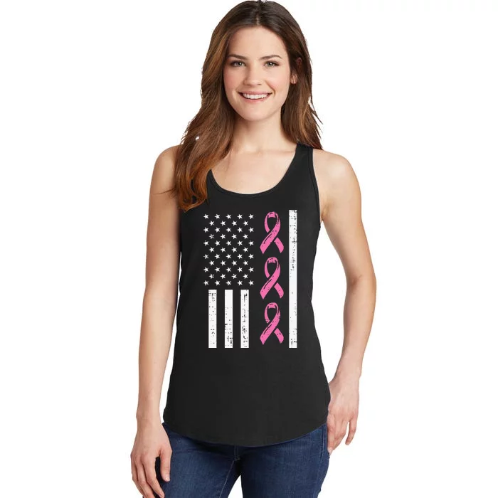 American Flag Pink Ribbon Breast Cancer Awareness Patriotic Ladies Essential Tank