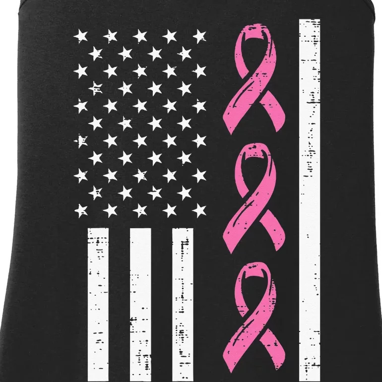 American Flag Pink Ribbon Breast Cancer Awareness Patriotic Ladies Essential Tank