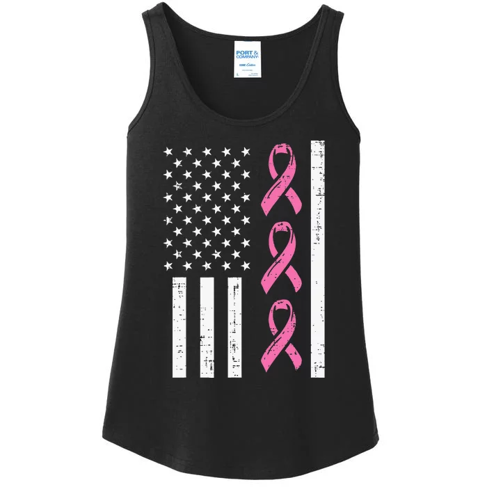 American Flag Pink Ribbon Breast Cancer Awareness Patriotic Ladies Essential Tank