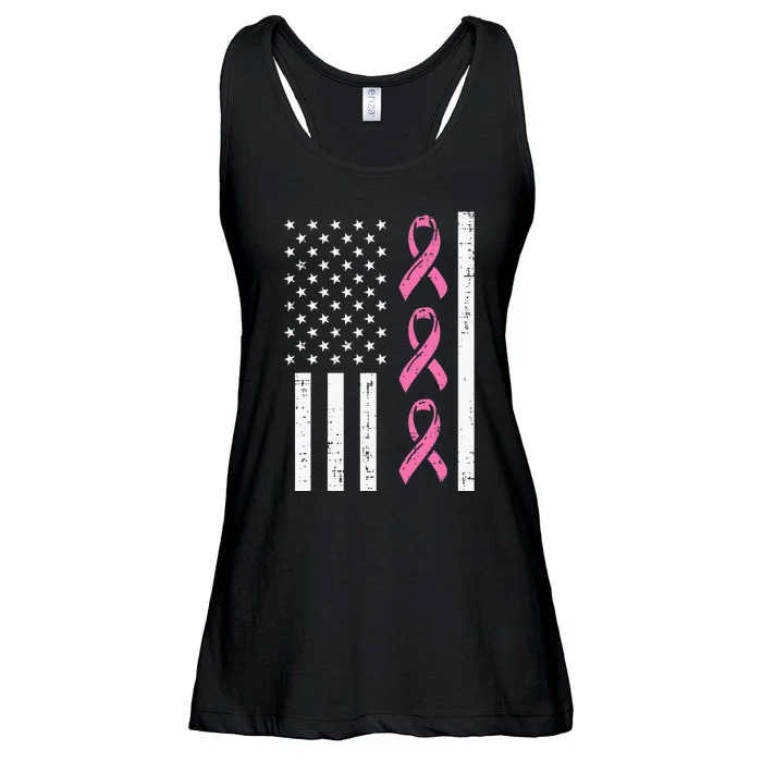 American Flag Pink Ribbon Breast Cancer Awareness Patriotic Ladies Essential Flowy Tank