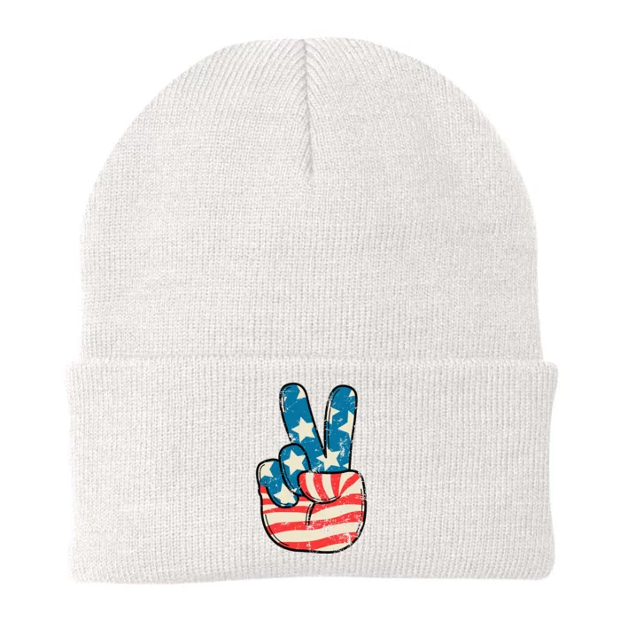 American Flag Peace Sign Hand 4th Of July Patriotic Knit Cap Winter Beanie