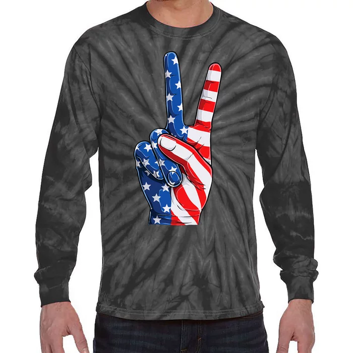 American Flag Peace Sign Hand Fourth of July vintage Tie-Dye Long Sleeve Shirt