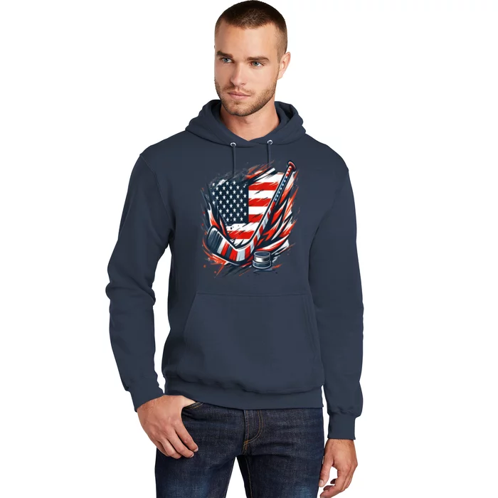 American Flag Patriotic Ice Hockey Winter Sports Gift Hoodie