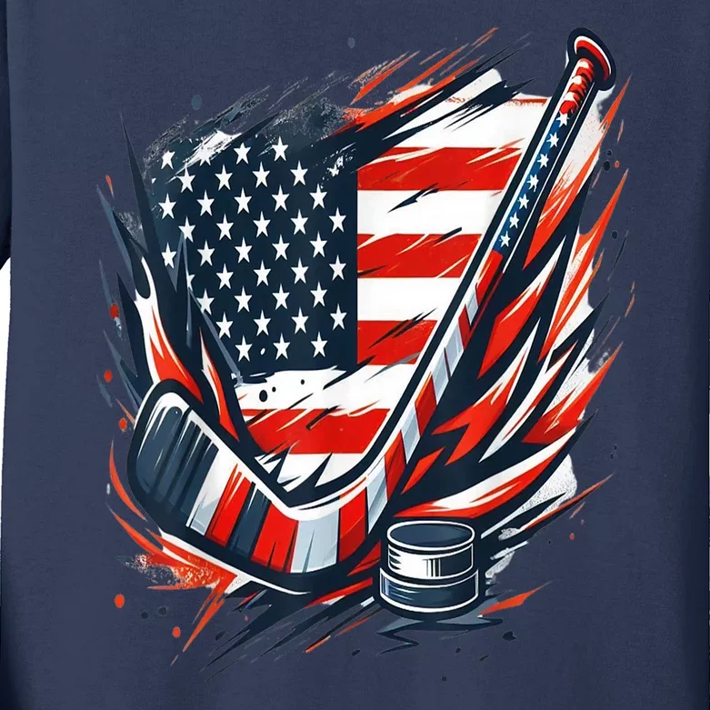 American Flag Patriotic Ice Hockey Winter Sports Gift Kids Long Sleeve Shirt