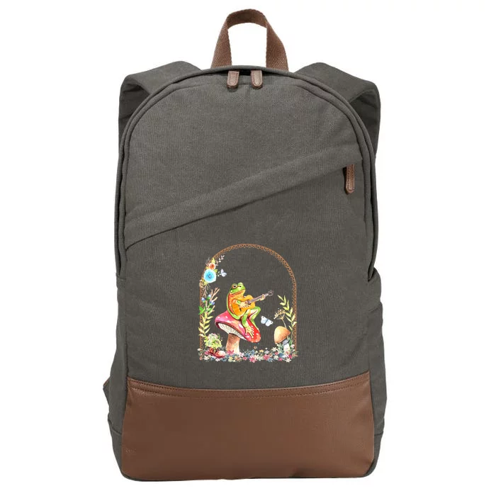 Aesthetic Frog Playing Guitar Mushroom Goblincore Cotton Canvas Backpack