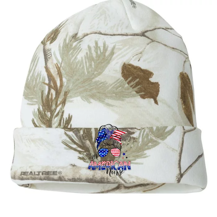 American Flag Patriotic Nurse Messy Bun 4th Of July Kati - 12in Camo Beanie