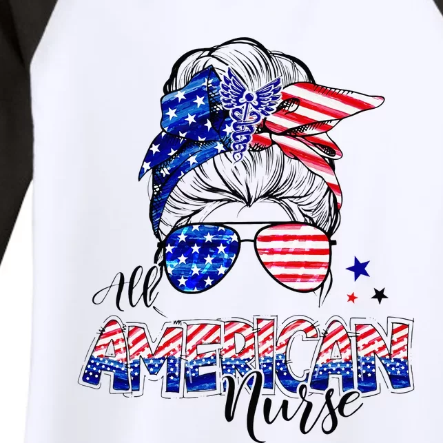 American Flag Patriotic Nurse Messy Bun 4th Of July Women's Tri-Blend 3/4-Sleeve Raglan Shirt