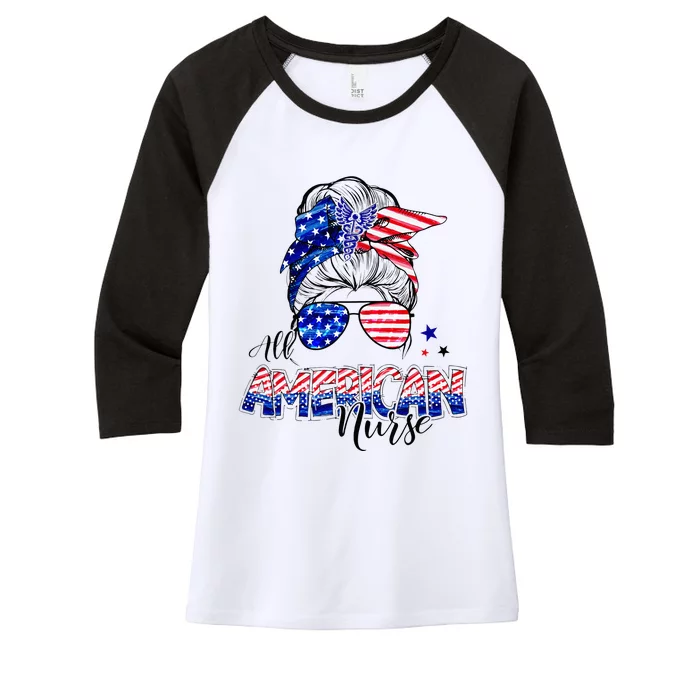 American Flag Patriotic Nurse Messy Bun 4th Of July Women's Tri-Blend 3/4-Sleeve Raglan Shirt