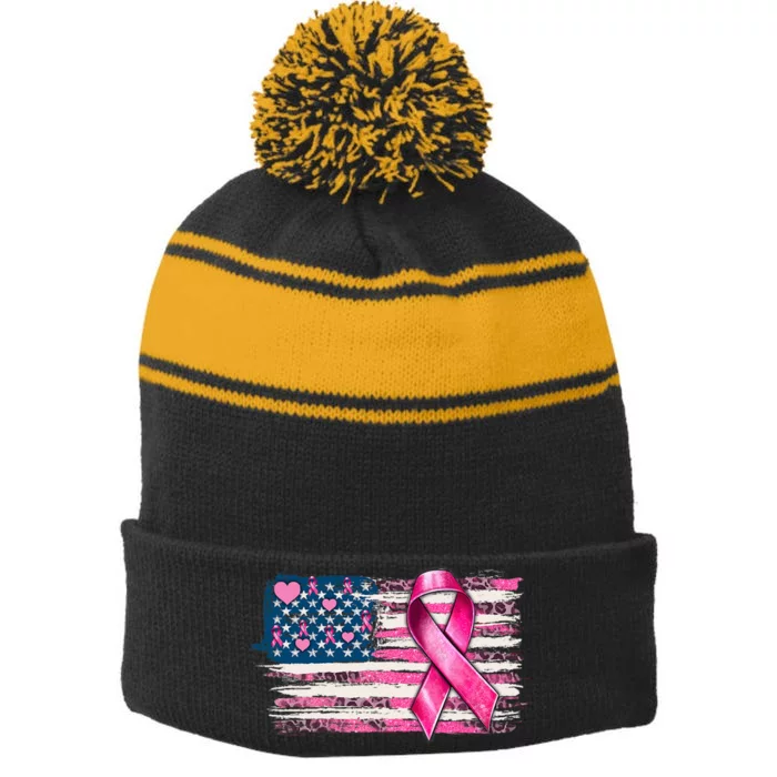 American Flag Pink Ribbon Breast Cancer Awareness Warriors Stripe Pom Pom Beanie