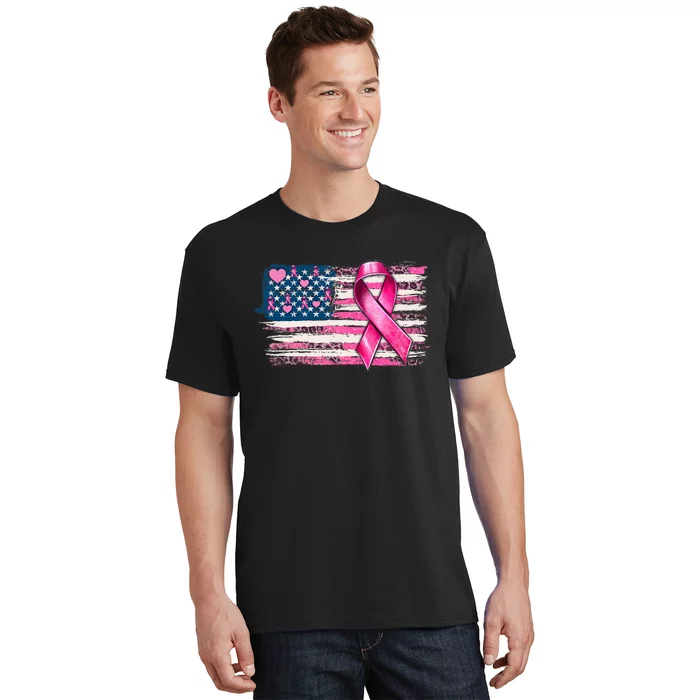 American Flag Pink Ribbon Breast Cancer Awareness Warriors T-Shirt