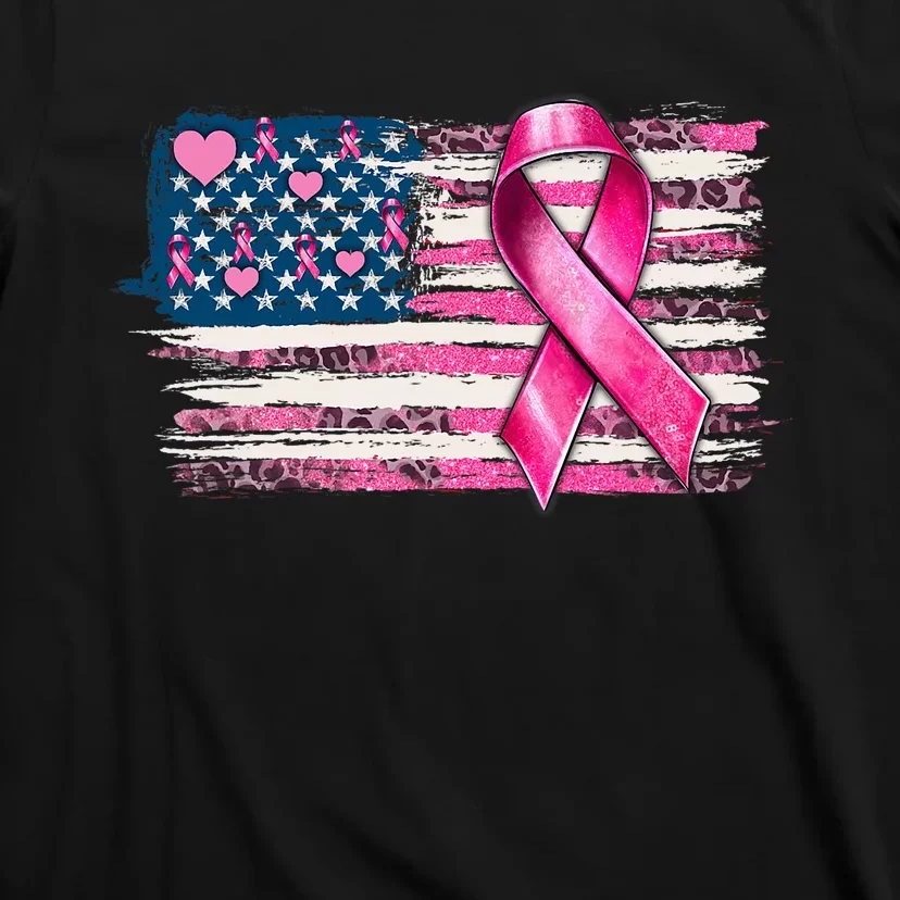 American Flag Pink Ribbon Breast Cancer Awareness Warriors T-Shirt