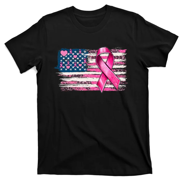 American Flag Pink Ribbon Breast Cancer Awareness Warriors T-Shirt