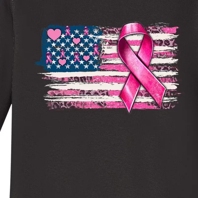 American Flag Pink Ribbon Breast Cancer Awareness Warriors Baby Long Sleeve Bodysuit