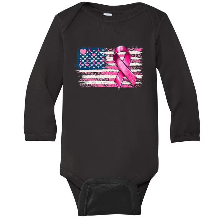 American Flag Pink Ribbon Breast Cancer Awareness Warriors Baby Long Sleeve Bodysuit