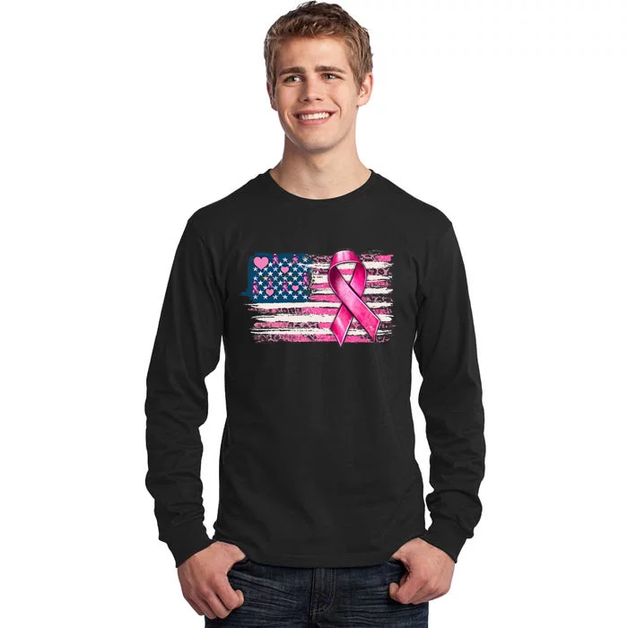 American Flag Pink Ribbon Breast Cancer Awareness Warriors Tall Long Sleeve T-Shirt