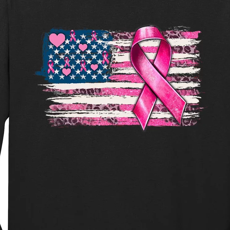 American Flag Pink Ribbon Breast Cancer Awareness Warriors Tall Long Sleeve T-Shirt