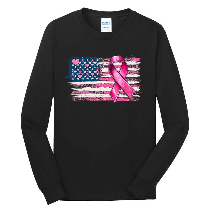 American Flag Pink Ribbon Breast Cancer Awareness Warriors Tall Long Sleeve T-Shirt