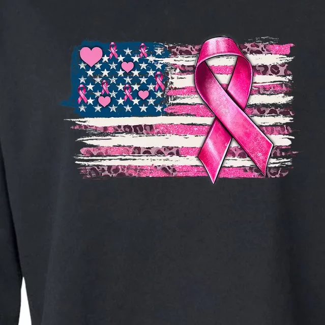 American Flag Pink Ribbon Breast Cancer Awareness Warriors Cropped Pullover Crew