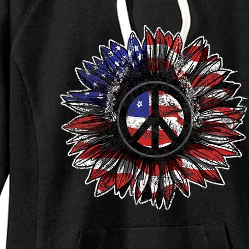 American Flag Peace Sign Sunflower Usa 4th Of July Pride Women's Fleece Hoodie