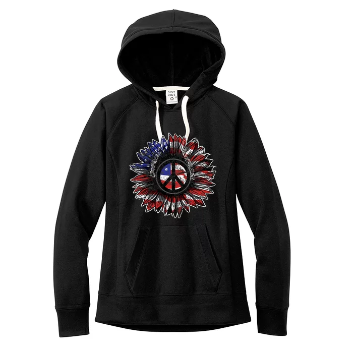 American Flag Peace Sign Sunflower Usa 4th Of July Pride Women's Fleece Hoodie