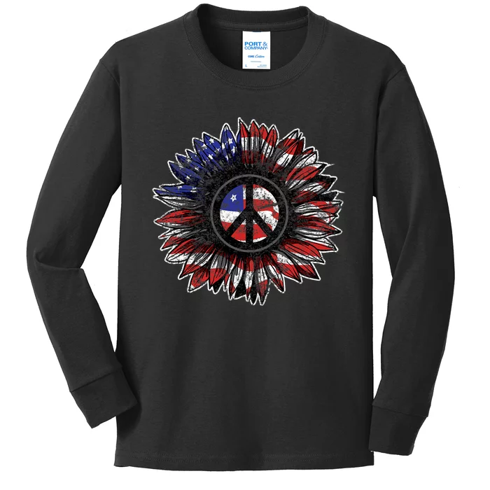 American Flag Peace Sign Sunflower Usa 4th Of July Pride Kids Long Sleeve Shirt