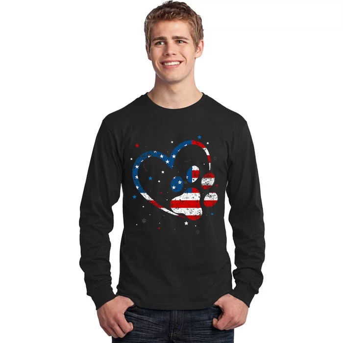 American Flag Patriotic Dog & Cat Paw Print 4th Of July Tall Long Sleeve T-Shirt