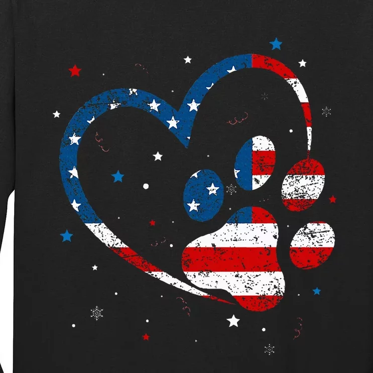 American Flag Patriotic Dog & Cat Paw Print 4th Of July Tall Long Sleeve T-Shirt