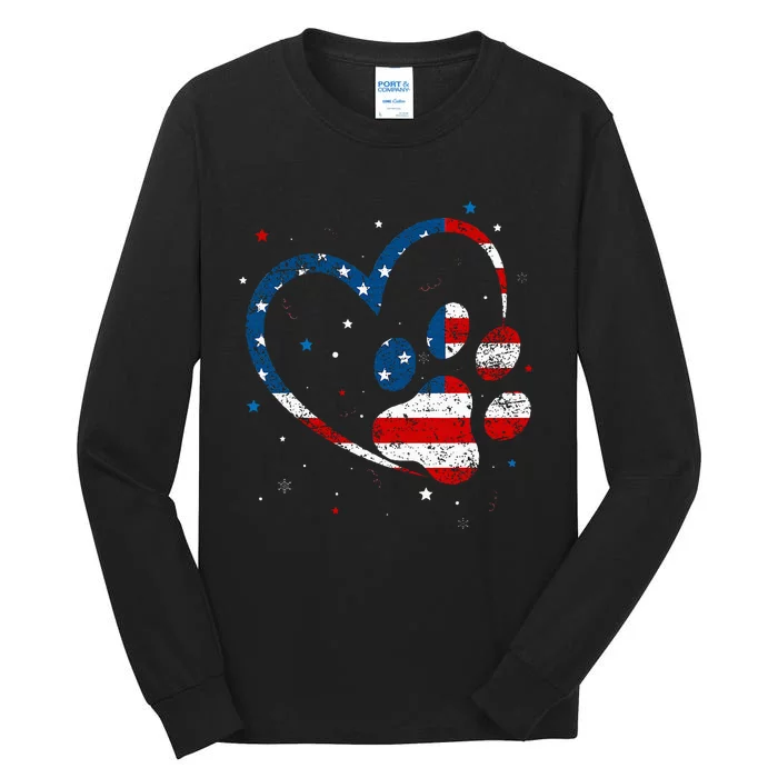 American Flag Patriotic Dog & Cat Paw Print 4th Of July Tall Long Sleeve T-Shirt