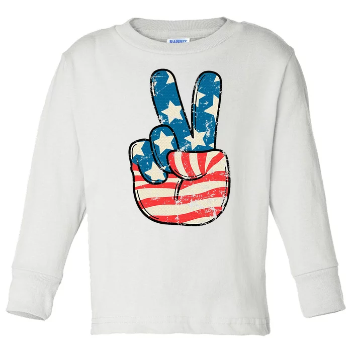 American Flag Peace Sign Hand 4th Of July Patriotic Toddler Long Sleeve Shirt