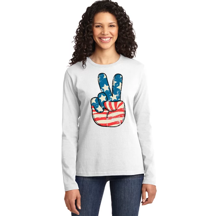 American Flag Peace Sign Hand 4th Of July Patriotic Ladies Long Sleeve Shirt