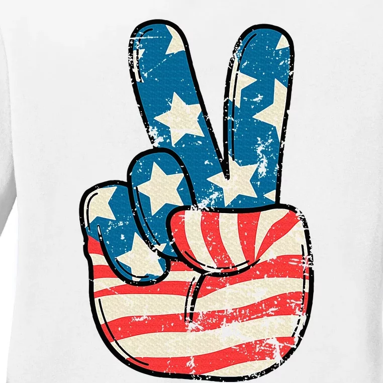 American Flag Peace Sign Hand 4th Of July Patriotic Ladies Long Sleeve Shirt