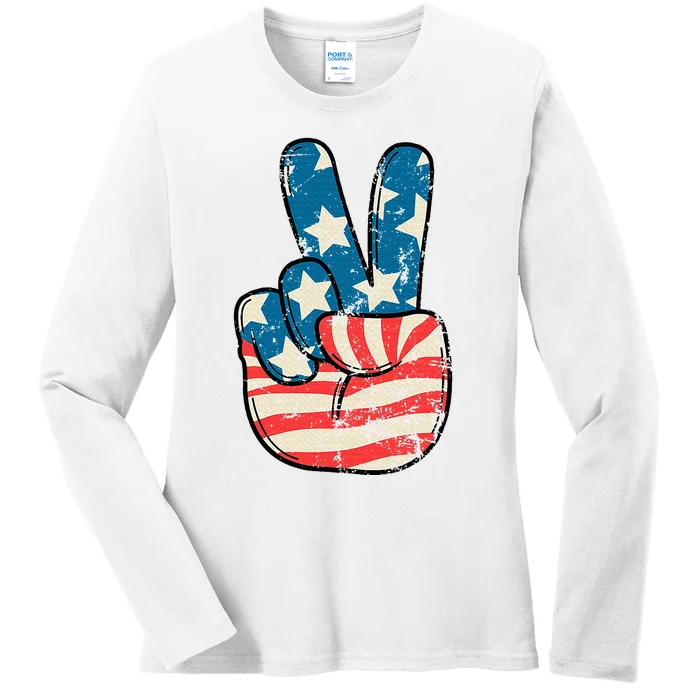 American Flag Peace Sign Hand 4th Of July Patriotic Ladies Long Sleeve Shirt