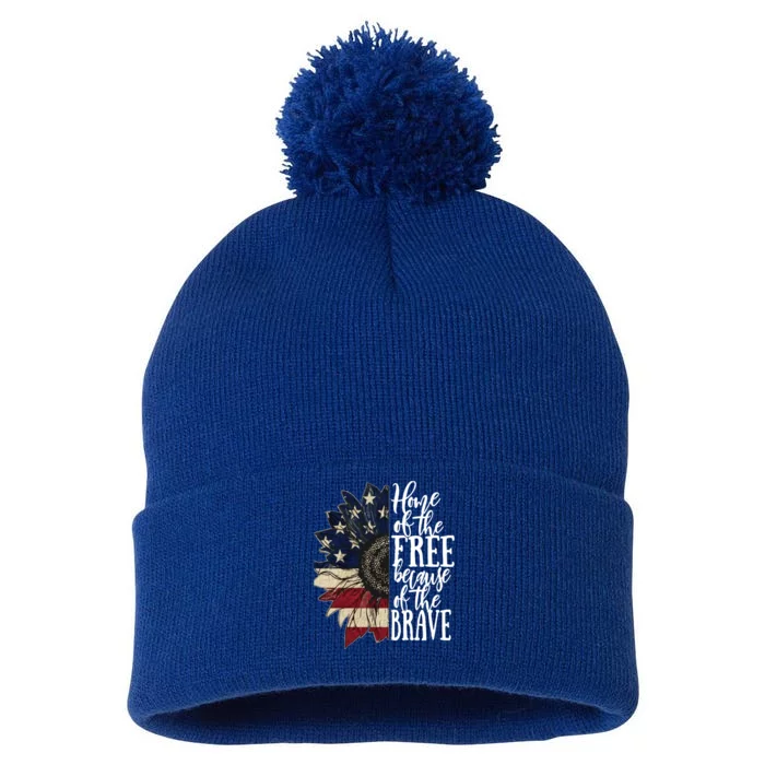 American Flag Patriot Home Of The Free Because Of The Brave Gift Pom Pom 12in Knit Beanie