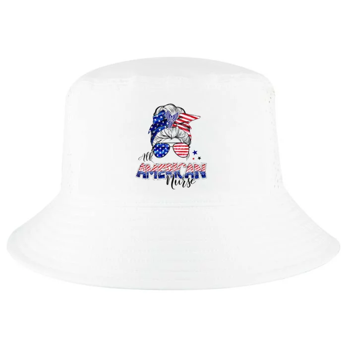 American Flag Patriotic Nurse Messy Bun 4th Of July Cool Comfort Performance Bucket Hat