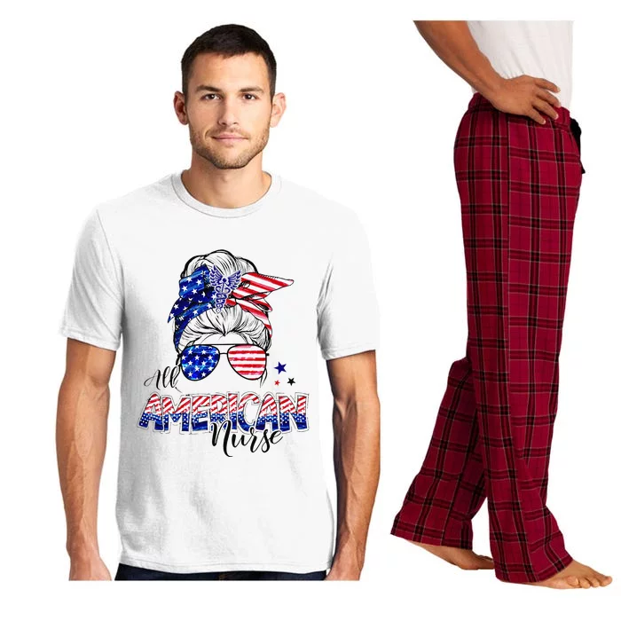 American Flag Patriotic Nurse Messy Bun 4th Of July Pajama Set