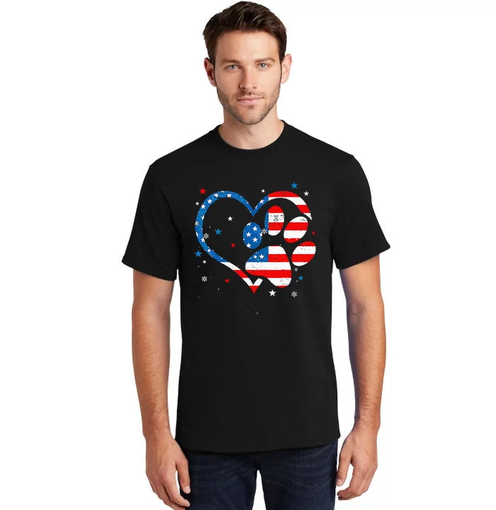 American Flag Patriotic Dog & Cat Paw Print 4th Of July Tall T-Shirt